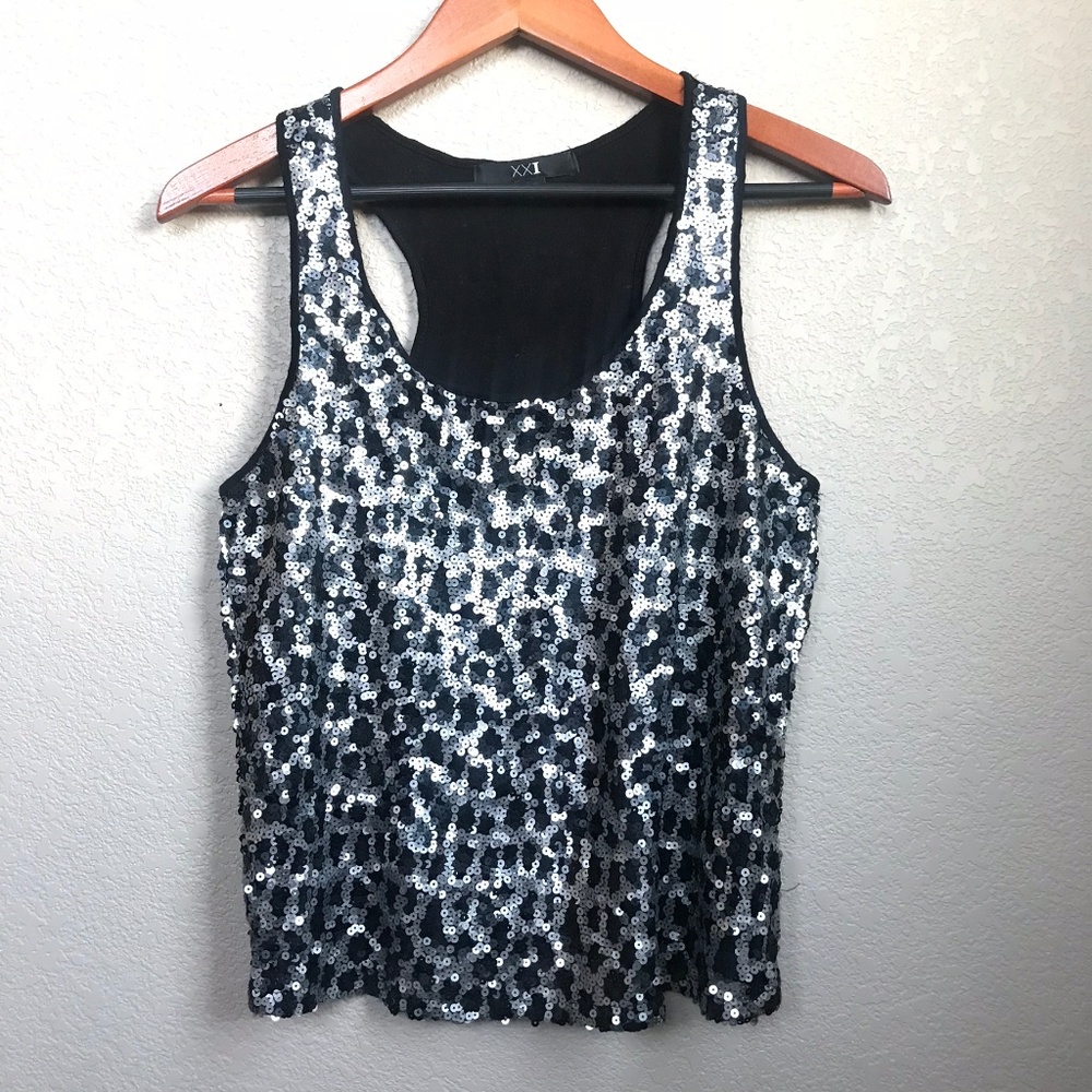 XXI Black & Silver Sequined Tank Top Medium